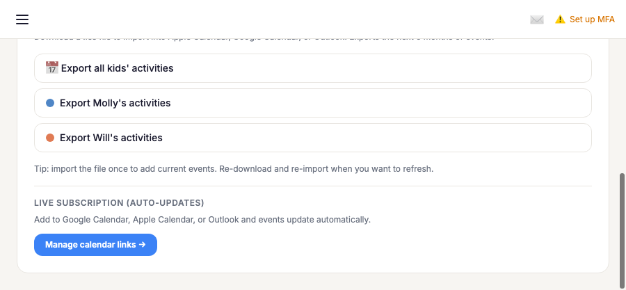 Calendar export and live sync links on the Subscriptions page